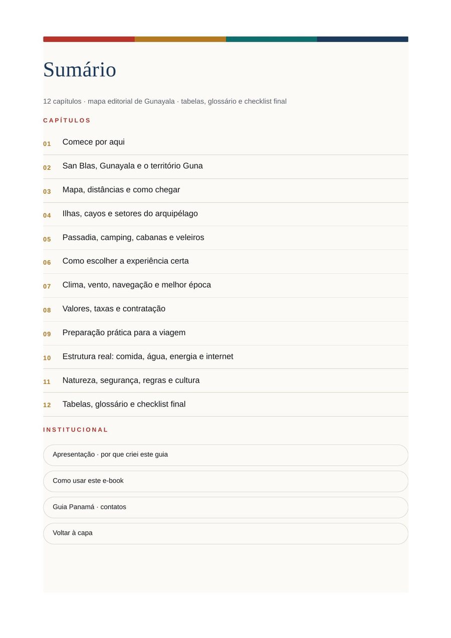 Sumário do e-book San Blas / Gunayala, com os doze capítulos